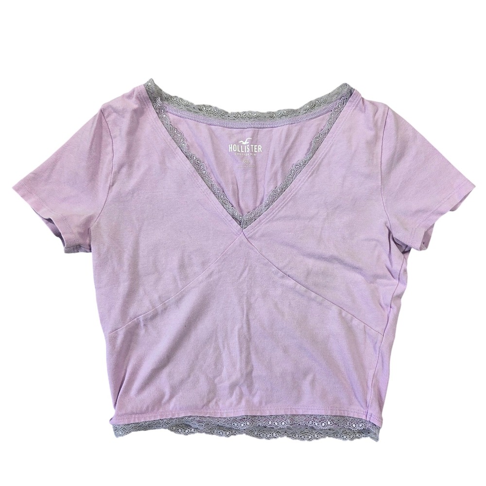 Hollister Womens Lavender Lace Trim V-Neck Crop Top Baby Tee Purple XS Beachy